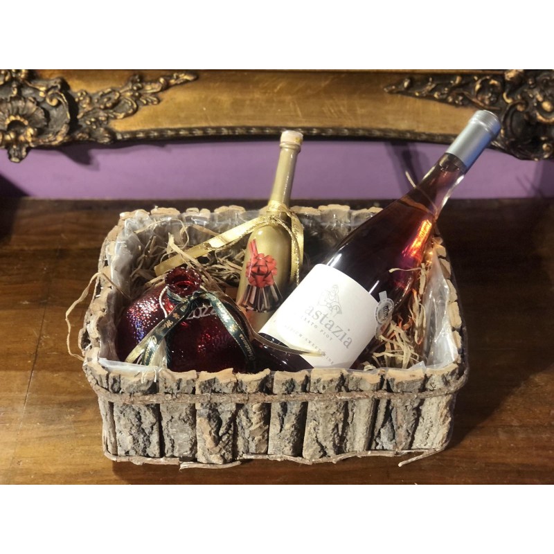 Καλαθάκι Δώρου NOEL με βραβευμένο κρασί λευκό Anastazia (μαλαγουζιά-Chardonnay), Ρόδι καλοτυχίας και λικέρ μαστίχα-κανέλλα