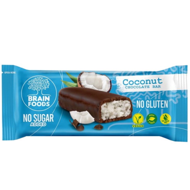 Βιολογική μπάρα καρύδας με επικάλυψη σοκολάτας VEGAN χωρίς γλουτένη , χωρίς ζάχαρη και χωρίς φοινικέλαιο BRAIN FOODS