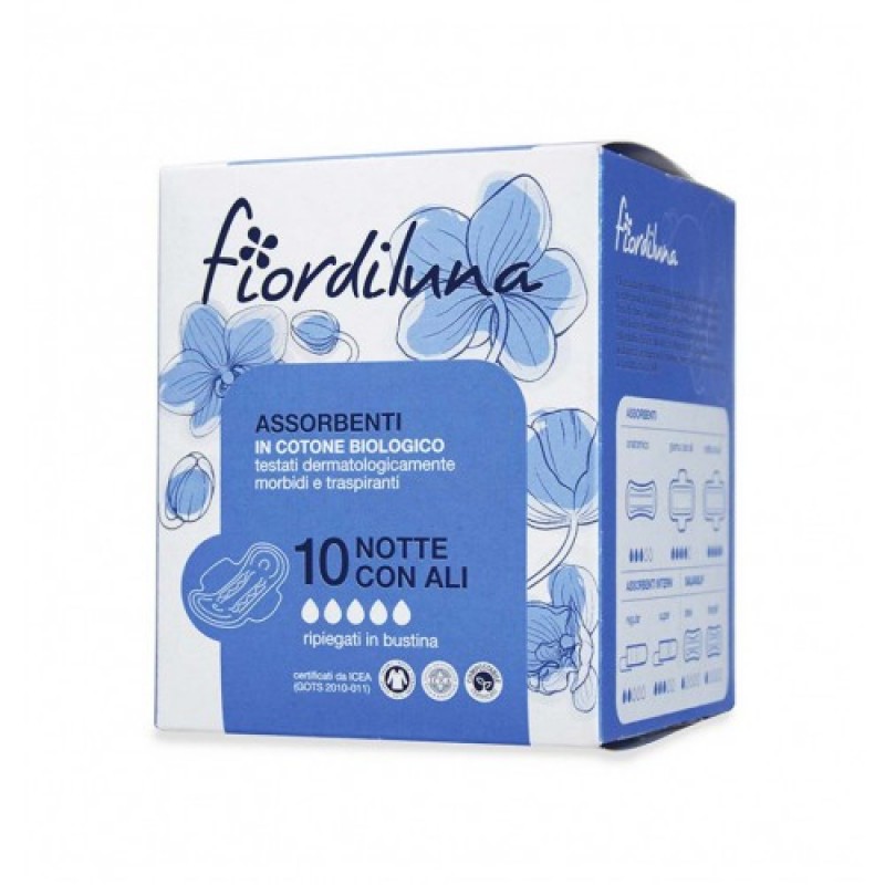 Σερβιέτες με φτερά νύχτας από βιολογικό βαμβάκι, χωρίς χλώριο και χωρίς άρωμα 10 τεμάχια Fior di Luna 