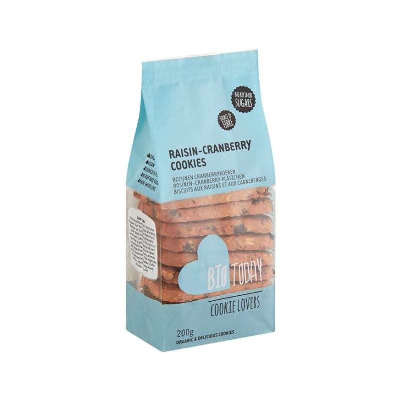Βιολογικά μπισκότα με σταφίδες και κράνμπερυ χωρίς ζάχαρη 200gr Bio Today
