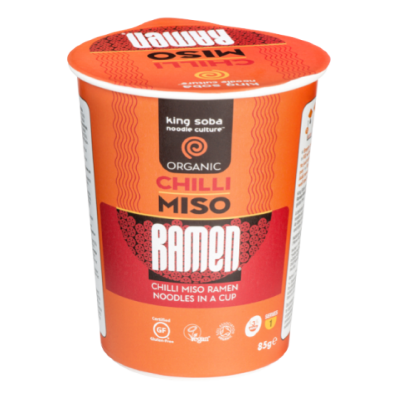 Βιολογική Σούπα Miso με λεπτά Νουντλς καστανου ρυζιού και Τσιλι, χωρίς Γλουτενη Vegan 85gr King Soba 