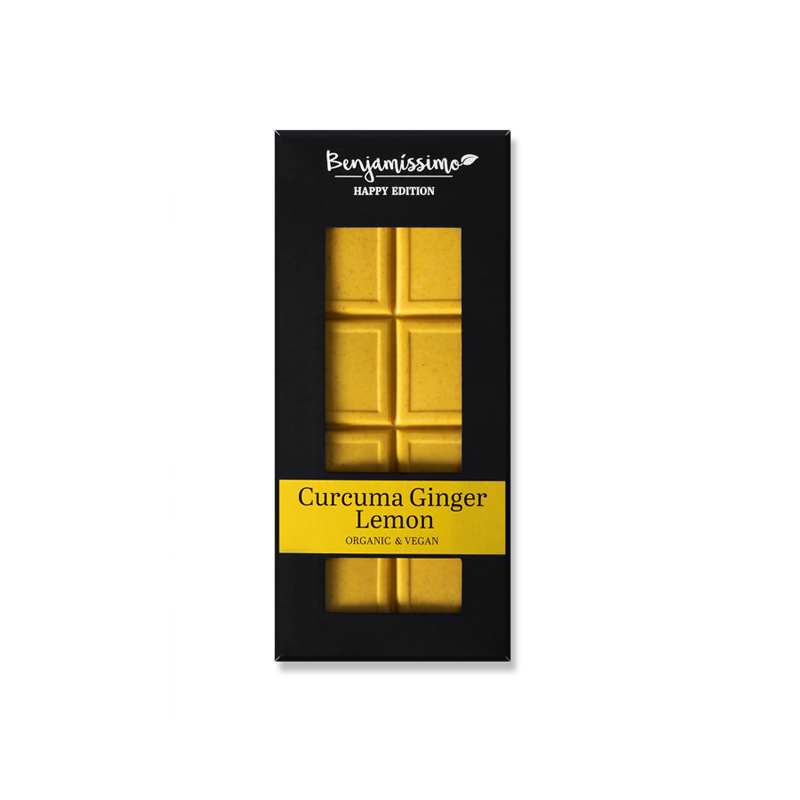 Βιολογική vegan σοκολάτα κακάο με κουρκουμά τζίντζερ και έλαιο λεμονιού χωρίς γλουτένη 60gr benjamissimo