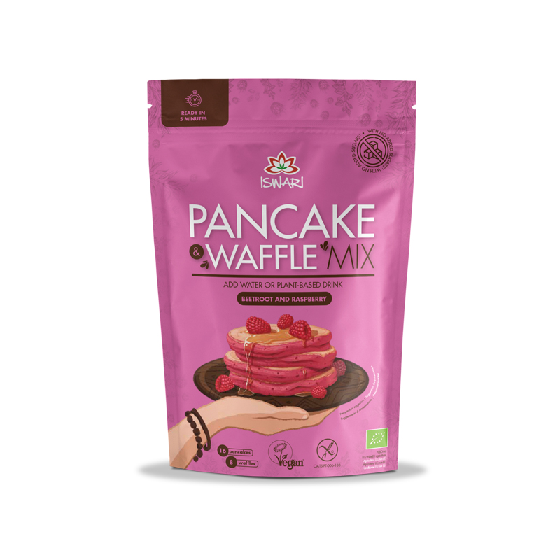 Βιολογικό Μείγμα για Τηγανίτες και Βάφλες στη στιγμή με γεύση  με Παντζάρι και βατόμουρα Vegan χωρίς Γλουτένη 400gr ISWARI