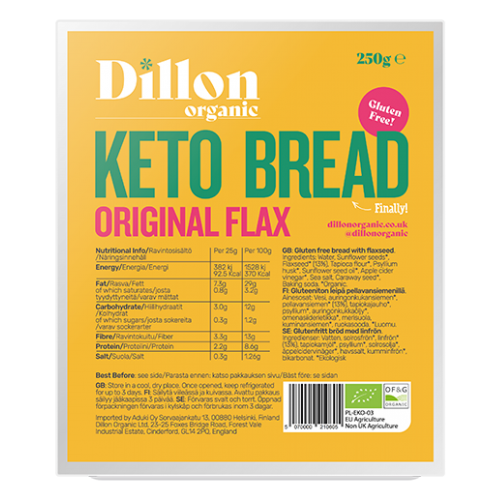 Βιολογικό ψωμί ΚΕΤΟ Low Carb  με Λιναρόσπορο χωρίς Γλουτενη και χωρίς Λακτόζη 250gr Dillon