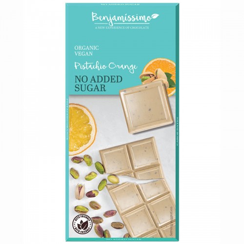Βιολογική σοκολάτα με φυστίκι Αιγινης και πορτοκάλι χωρίς ζάχαρη και χωρίς Γλουτενη 70gr Benjamissimo 