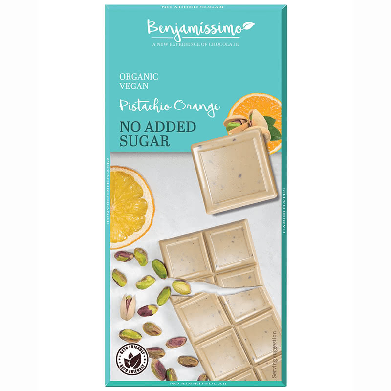 Βιολογική σοκολάτα με φυστίκι Αιγινης και πορτοκάλι χωρίς ζάχαρη και χωρίς Γλουτενη 70gr Benjamissimo 