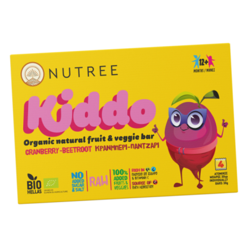 Βιολογικές παιδικές ωμές Μπάρες Κράνμπερυ Παντζάρι, χωρίς ζάχαρη, χωρίς αλάτι, χωρίς Γλουτένη και αλλεργιογόνα από 12 μηνών Kiddo NUTREE (συσκευασία με 4 ατομικές Μπάρες) 120gr