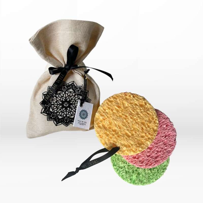 Σφουγγαράκια κυτταρινης για καθαρισμό προσώπου με πουγκί (συσκευασία 3 τεμαχίων) 50gr Treat me well