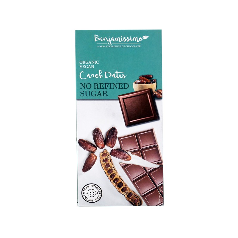 Βιολογική σοκολάτα με χαρουπι και Χουρμάδες χωρίς ζάχαρη και χωρίς Γλουτενη 70gr Benjamissimo 