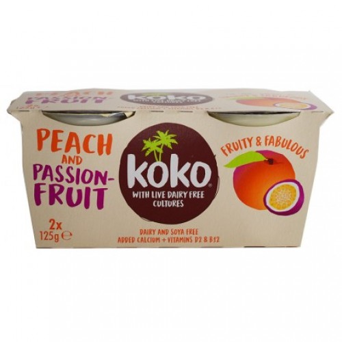 Βιολογικό επιδόρπιο από γάλα Καρύδας με Ροδάκινα & φρούτα του πάθους (εμπλουτισμένο με ασβέστιο, D2 & B12) Vegan 2x125gr Koko