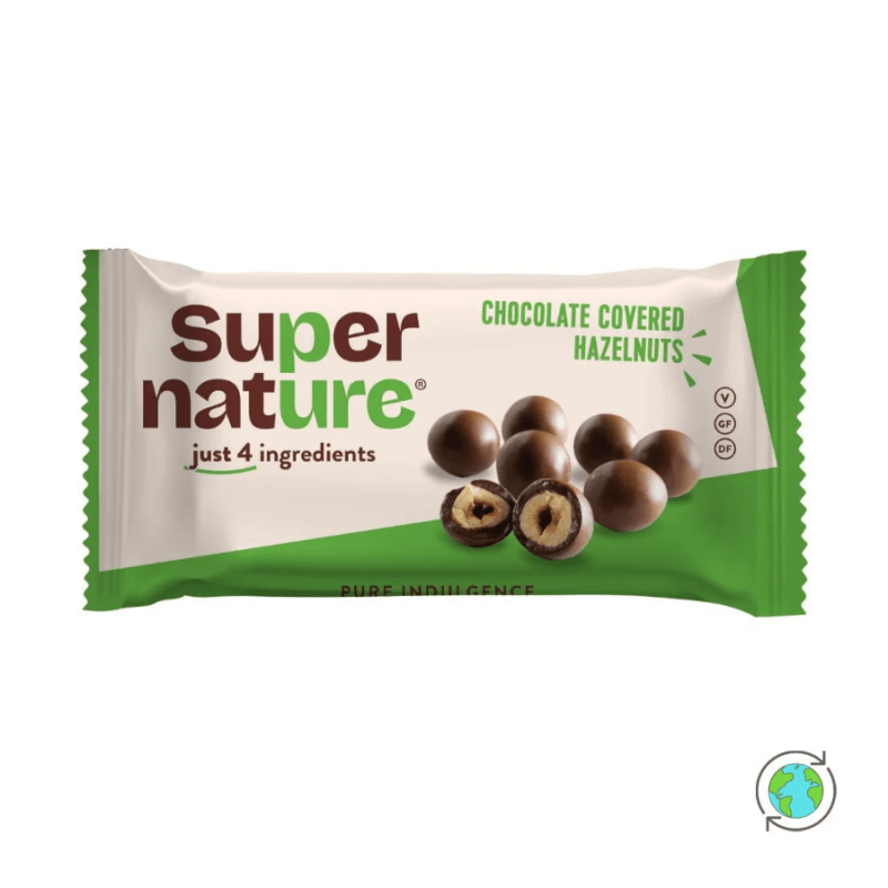 Βιολογικά Φουντούκια με επικάλυψη σοκολάτας Κακάο χωρίς ζάχαρη και χωρίς Γλουτένη 40gr Super Nature