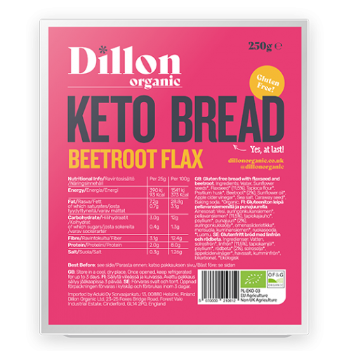Βιολογικό ψωμί KETO low carb με Λιναρόσπορο και Παντζάρι 250gr Dillon