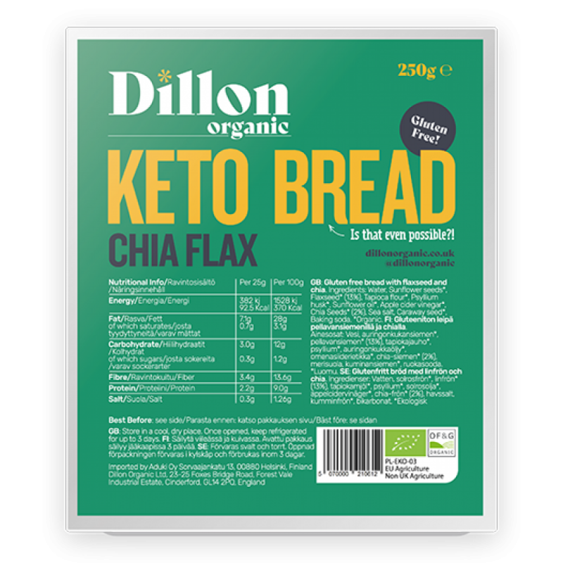 Βιολογικό ψωμί KETO low carb με Λιναρόσπορο και σπόρους Chia χωρίς Γλουτένη 250gr Dillon