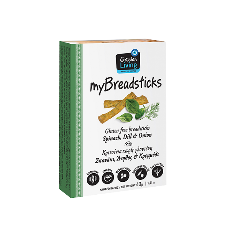 Βιολογικά κριτσίνια Σπανάκι Άνιθος και Κρεμμύδι χωρίς ζάχαρη και χωρίς Γλουτένη 120gr Grecian living