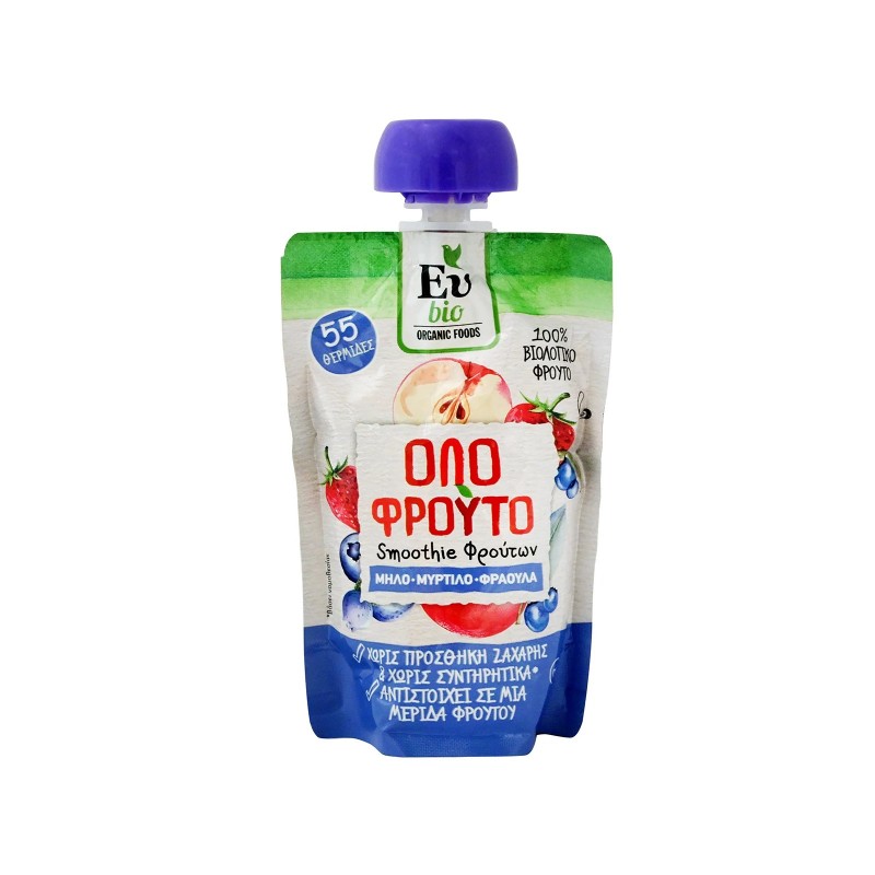 Βιολογικό Smoothie πουρές Μήλο Μυρτιλλο Φράουλα χωρίς ζάχαρη 100gr Eubio