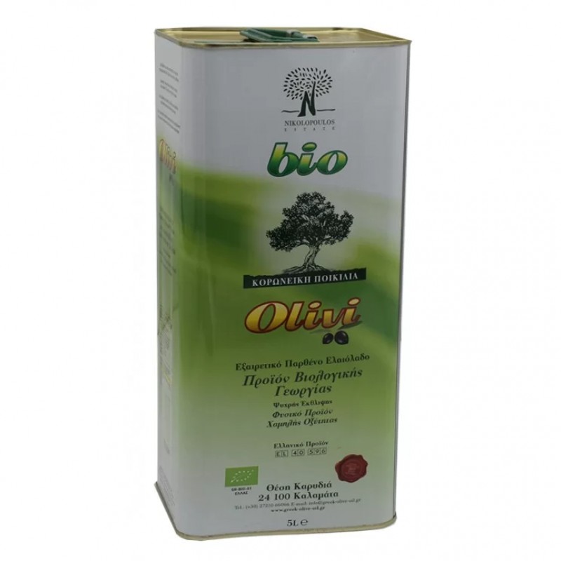 Βιολογικό εξαιρετικό παρθένο ελαιόλαδο Κορωνέικη ποικιλία άθερμο Καλαμάτας 5L Κτήμα Νικολοπουλου