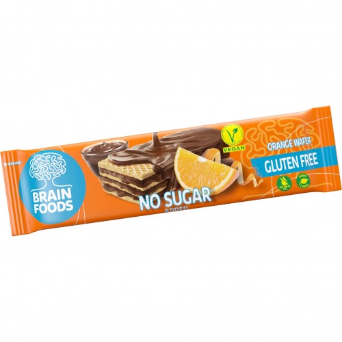 Γκοφρέτα Πορτοκάλι με επικάλυψη σοκολάτας χωρίς ζάχαρη και χωρίς γλουτένη vegan 40gr BRAIN FOODS