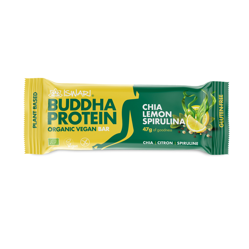 Βιολογική μπάρα πρωτεΐνης BUDDHA PROTEIN με Chia λεμόνι και Σπιρουλινα χωρίς Γλουτενη Vegan 47gr ISWARI