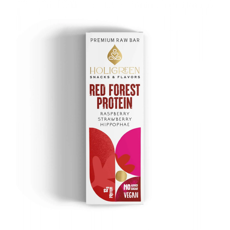 Βιολογική μπάρα πρωτεΐνης RAW (ακατέργαστη) Red Forest Σμέουρο Φράουλα Ιπποφαές χωρίς γλουτένη 60gr HOLIGREEN