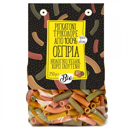 Βιολογικό ζυμαρικό Ριγκατόνι Οσπρίων τρίχρωμο χωρίς Γλουτένη 250gr Greenbay