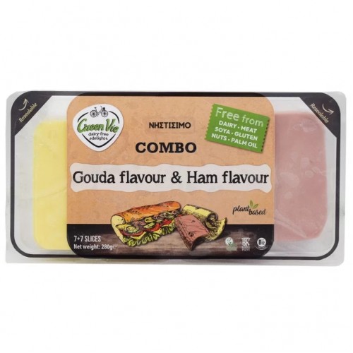 Βιολογική χορτοφαγική Γκούντα & Χορτοφαγικό Ζαμπόν σε φέτες Gouda & Ham slices (Combo pack) χωρίς Σόγια- Γλουτένη- Λακτόζη Vegan Green Vie 280gr