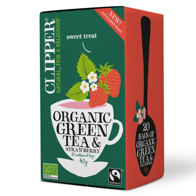 Βιολογικό πράσινο Τσάι με άρωμα Φράουλα organic green tea Strawberry 20bags 40gr CLIPPER