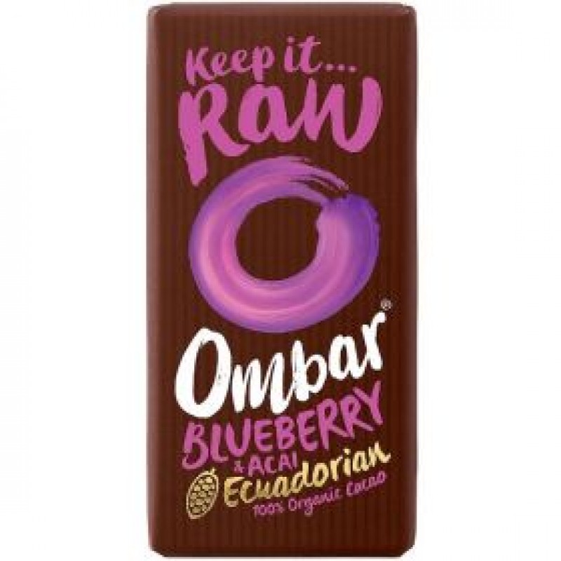 Βιολογική ακατέργαστη σοκολάτα χωρίς Γλουτένη με Μούρα Acai & Μύρτιλλα με ζάχαρη Καρύδας και 60% Κακάο 35gr Ombar