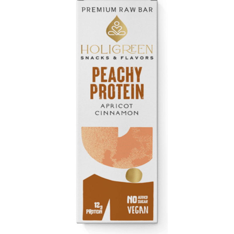 Μπάρα πρωτεΐνης ωμή PEACHY PROTEIN RAW με βερίκοκο και κανέλα χωρίς ζάχαρη & χωρίς Γλουτένη Vegan 60gr HOLIGREEN