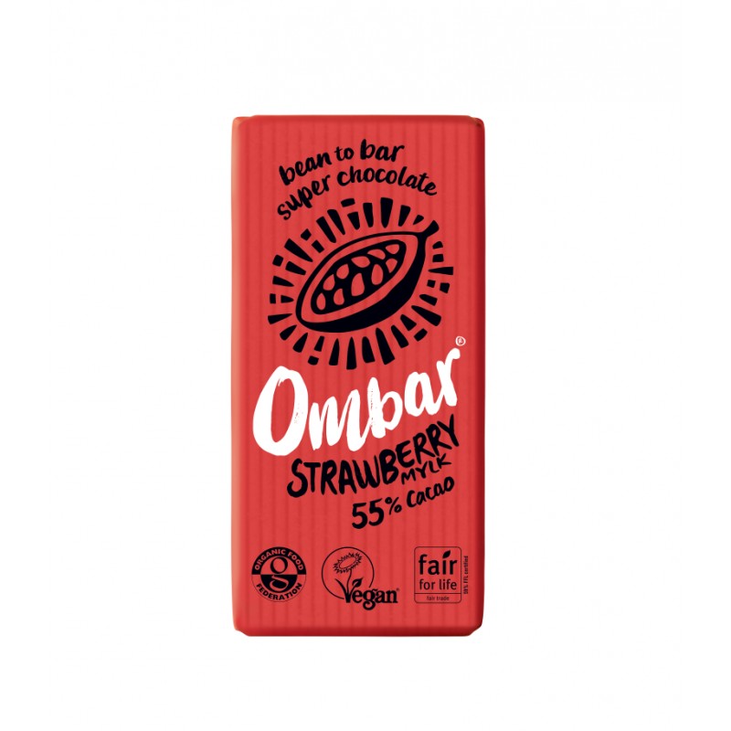 Βιολογική ακατέργαστη σοκολάτα Φράουλα με 55% Κακάο και ζάχαρη Καρύδας 35gr Ombar
