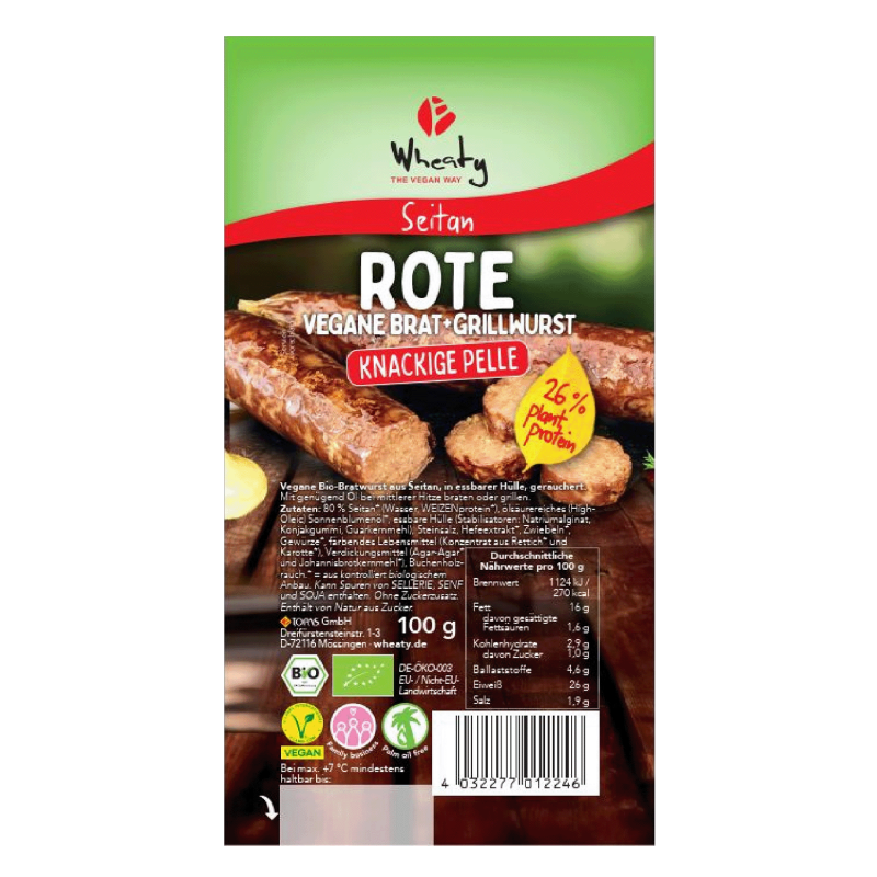Βιολογικό Χορτοφαγικό Λουκάνικο κόκκινο με μπαχαρικά Vegan ROTE BRAT + GRILLWURST 100gr Wheaty