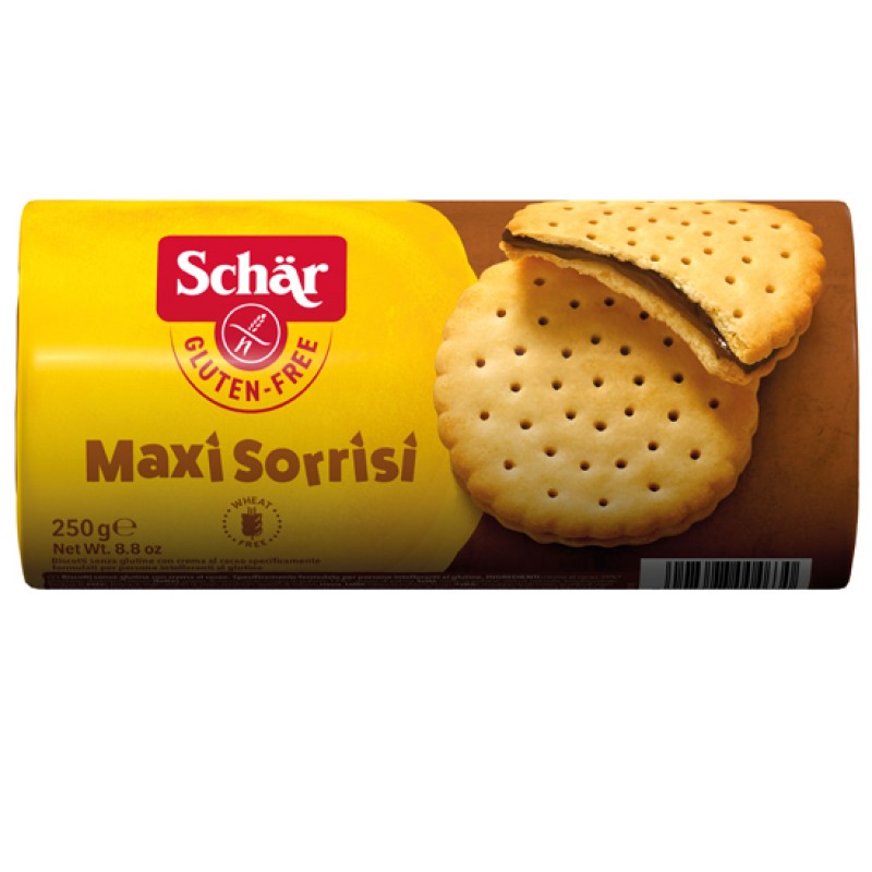 Μπισκότα με γέμιση Κακάο χωρίς Γλουτένη Maxi sorrisi Schar 250gr
