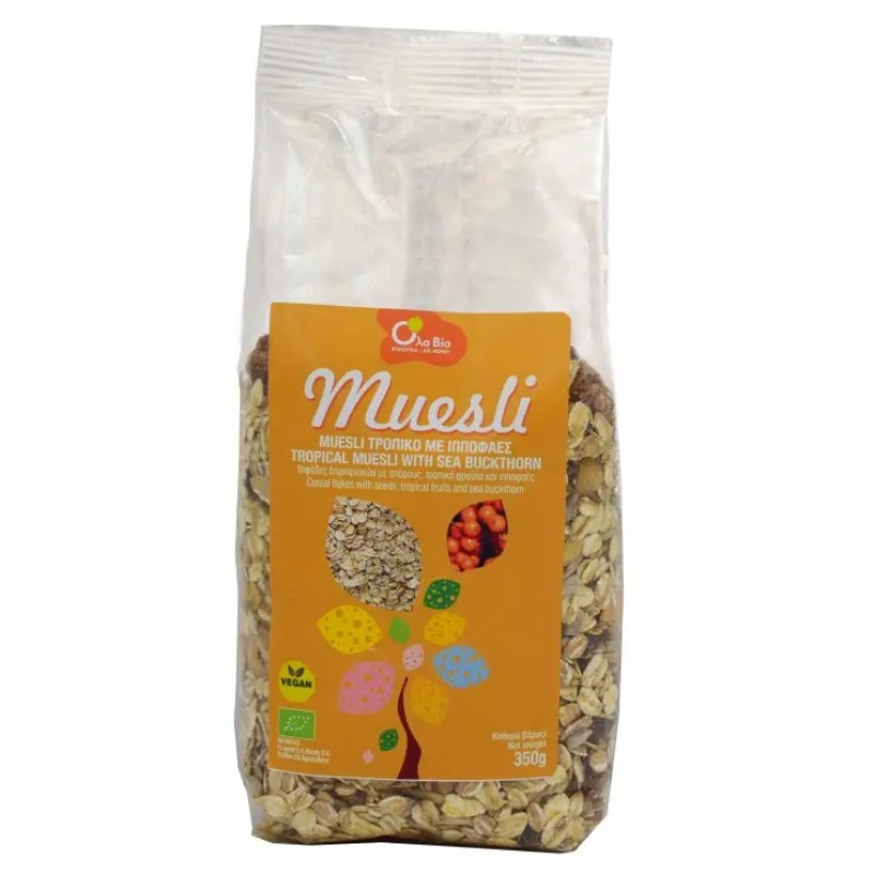 Βιολογικό μούσλι δημητριακών με ξηρούς καρπούς, εξωτικά φρούτα και Ιπποφαές 350gr Ola Bio