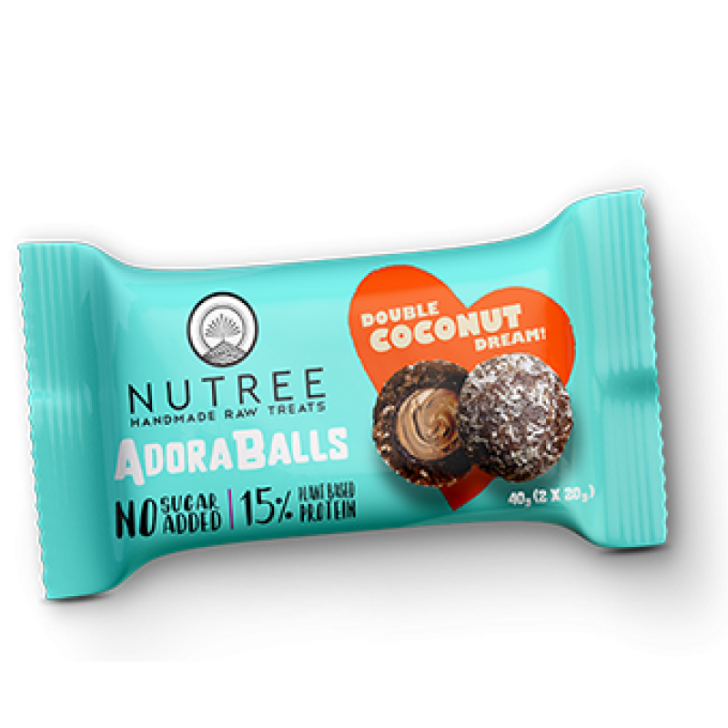 Πρωτεϊνικές μπαλίτσες AdoraΒalls με διπλή κρέμα καρύδας, χωρίς ζάχαρη και χωρίς γλουτένη 40gr  Nutree