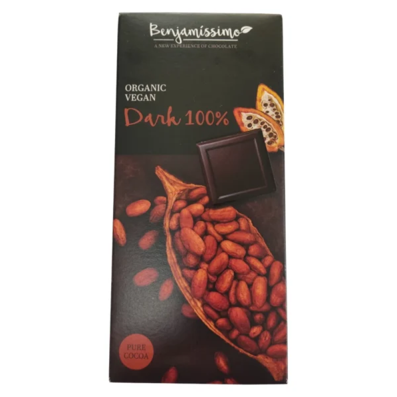Βιολογική μαύρη σοκολάτα 100% Κακάο χωρίς ζάχαρη και χωρίς Γλουτένη Vegan 70gr Benjamissimo