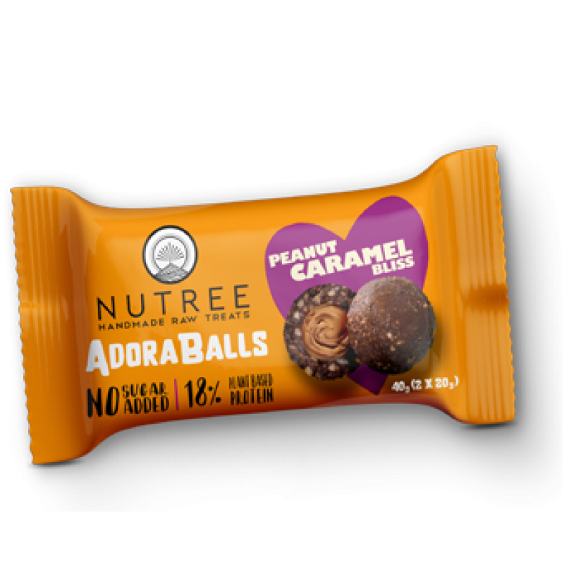 Πρωτεϊνικές μπαλίτσες AdoraΒalls με κρέμα φυστικιού και καραμέλα, χωρίς ζάχαρη και χωρίς γλουτένη 40gr  Nutree