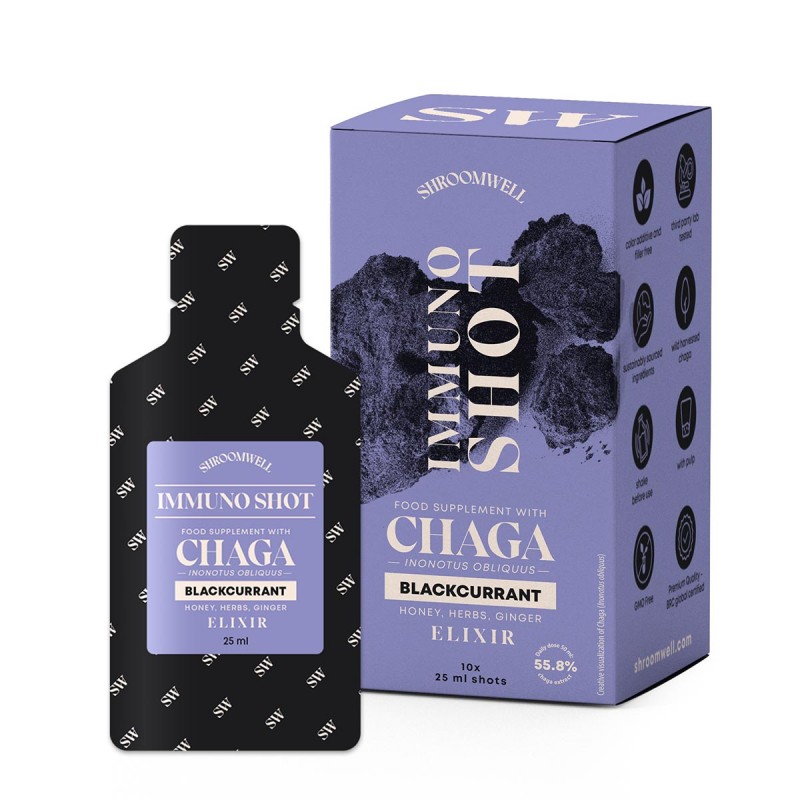 Ελιξίριο με Μανιτάρι Chaga blackcurrant, μέλι, βότανα & Ginger 250ml (10x25ml shots) SHROOMWELL