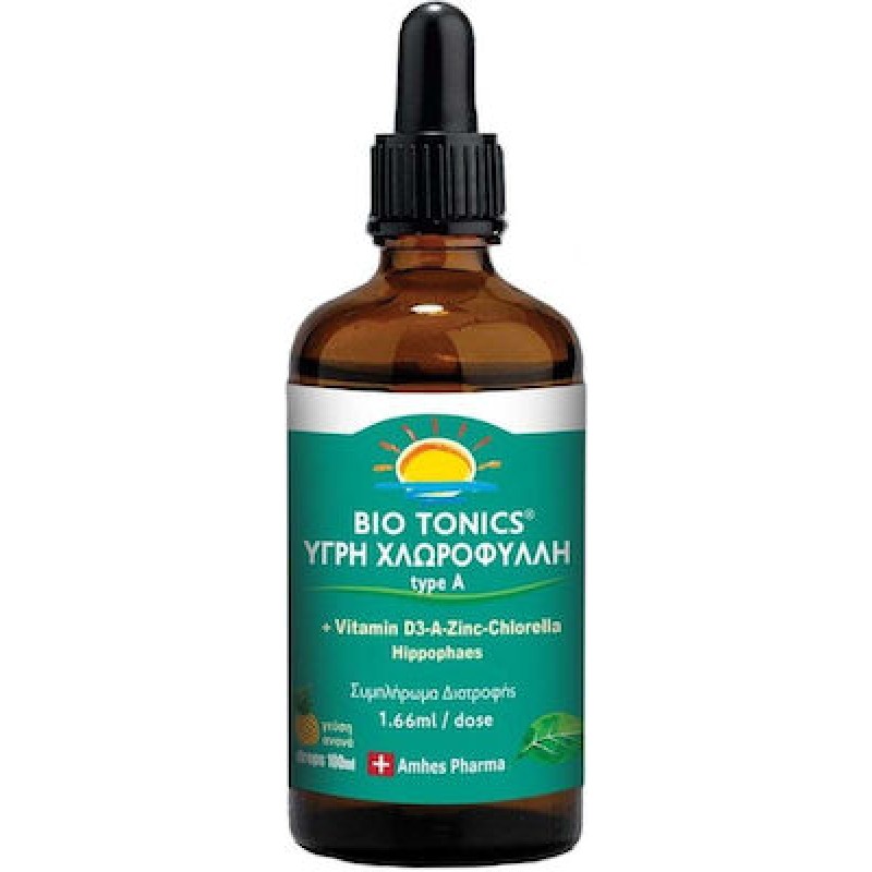 Χλωροφύλλη υγρή Type A με βιταμίνη D3 ψευδάργυρο Χλωρέλλα και Ιπποφαές 1,66ml/dose 100ml BIO TONICS