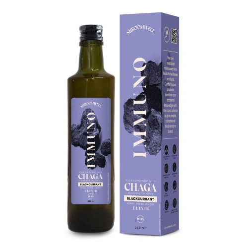 Ελιξήριο υγρής μορφής με εκχύλισμα μανιταριού CHAGA φραγκοστάφυλλου βοτάνων & Τζίντζερ ELIXIR CHAGA Blackcurrant honey herbs & ginger 250ml SHROOMWELL