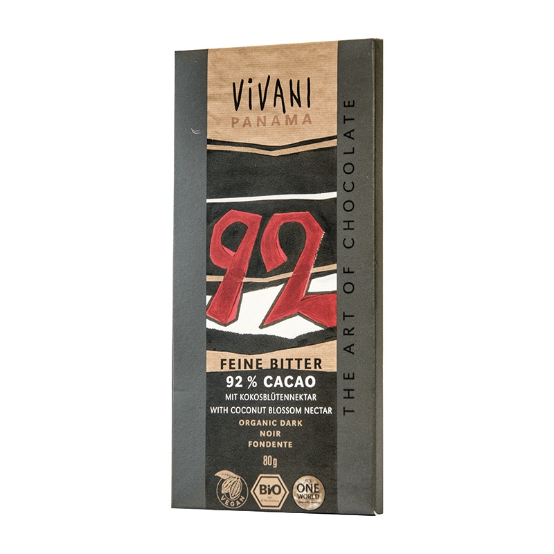 Βιολογική σοκολάτα μαύρη 92%κακάο με ζάχαρη καρύδας 80gr Vivani