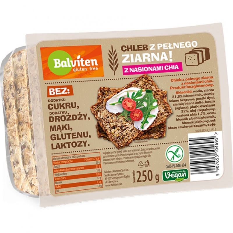 Ψωμί Πολύσπορο σε φέτες με Chia χωρίς γλουτένη, χωρίς λακτόζη και χωρίς ζάχαρη vegan 250gr Balviten