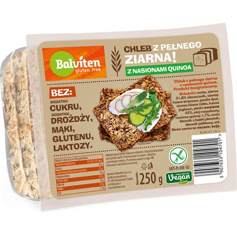 Ψωμί Πολύσπορο φέτες με Κινόα χωρίς γλουτένη, χωρίς λακτόζη και χωρίς ζάχαρη vegan 250g Balviten