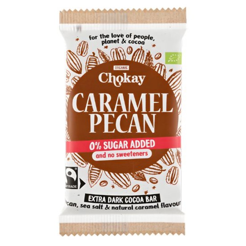 Βιολογική σοκολάτα μαύρη με Pecan & salted caramel χωρίς ζάχαρη γλυκαντικά & χωρίς γλουτένη Vegan 70gr Chokay