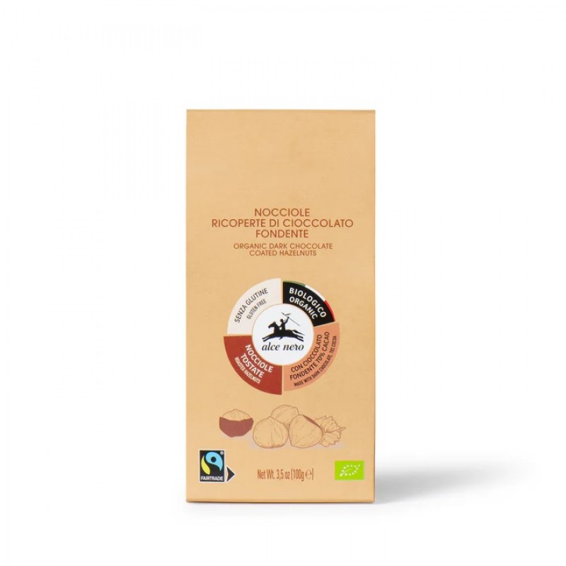 Βιολογικά Φουντούκια με επικάλυψη μαύρης σοκολάτας 100gr Alce Nero