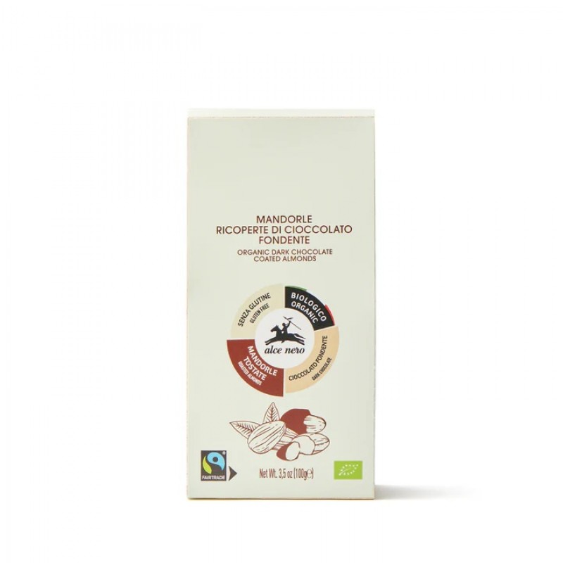 Βιολογικά Αμύγδαλα με επικάλυψη μαύρης σοκολάτας 100gr Alce Nero