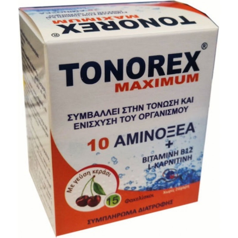Τονωτικό TONOREX  Maximum plus με 10 αμινοξέα +Β12+ L-Carnitine με γεύση κεράσι (15  φάκελοι) FARMELLAS 